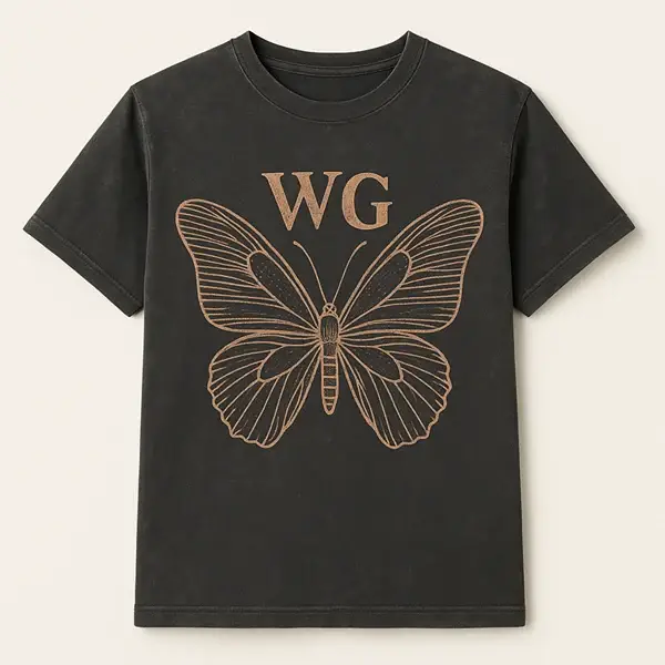 Charcoal tee with a gold WG butterfly line illustration, a Farm Nine shirt concept by Pressed Local