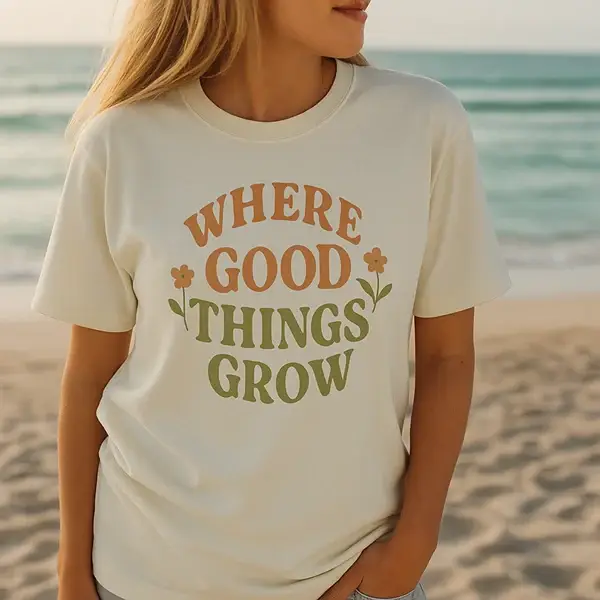 Cream tee with a Where Good Things Grow floral graphic, a Farm Nine shirt concept by Pressed Local